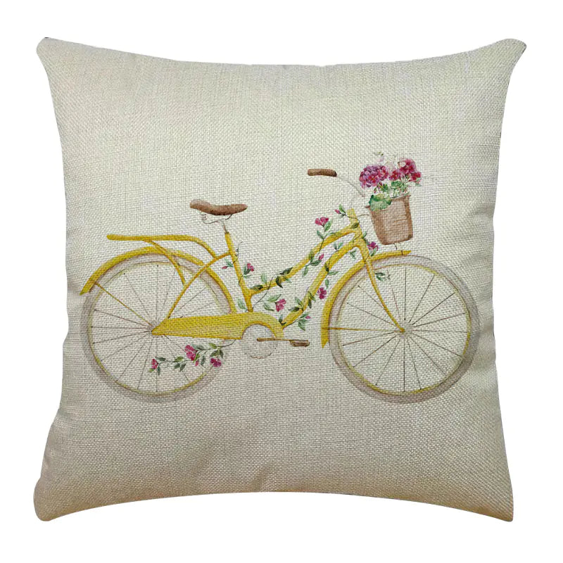 Bicycle Illustration Linen Pillow Cover with English Letters