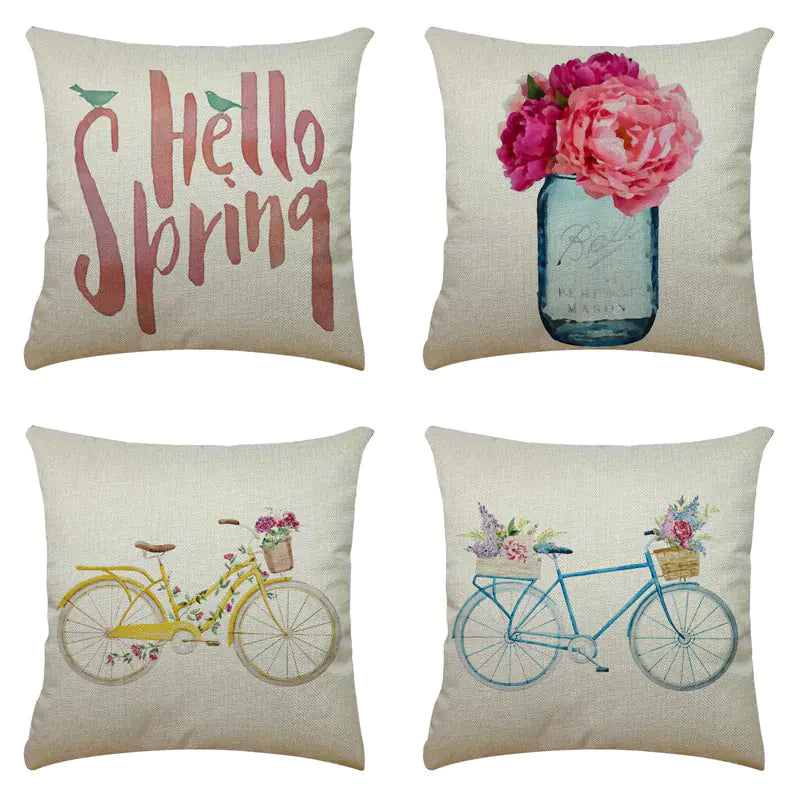 Bicycle Illustration Linen Pillow Cover with English Letters